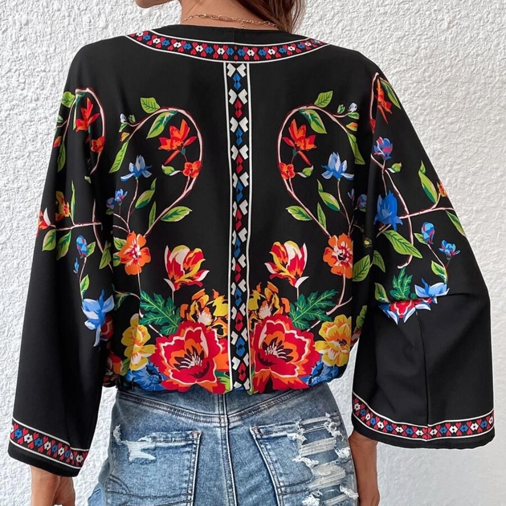 Boho Floral Print Kimono Sleeve Blouse - Picture 3 of 8
